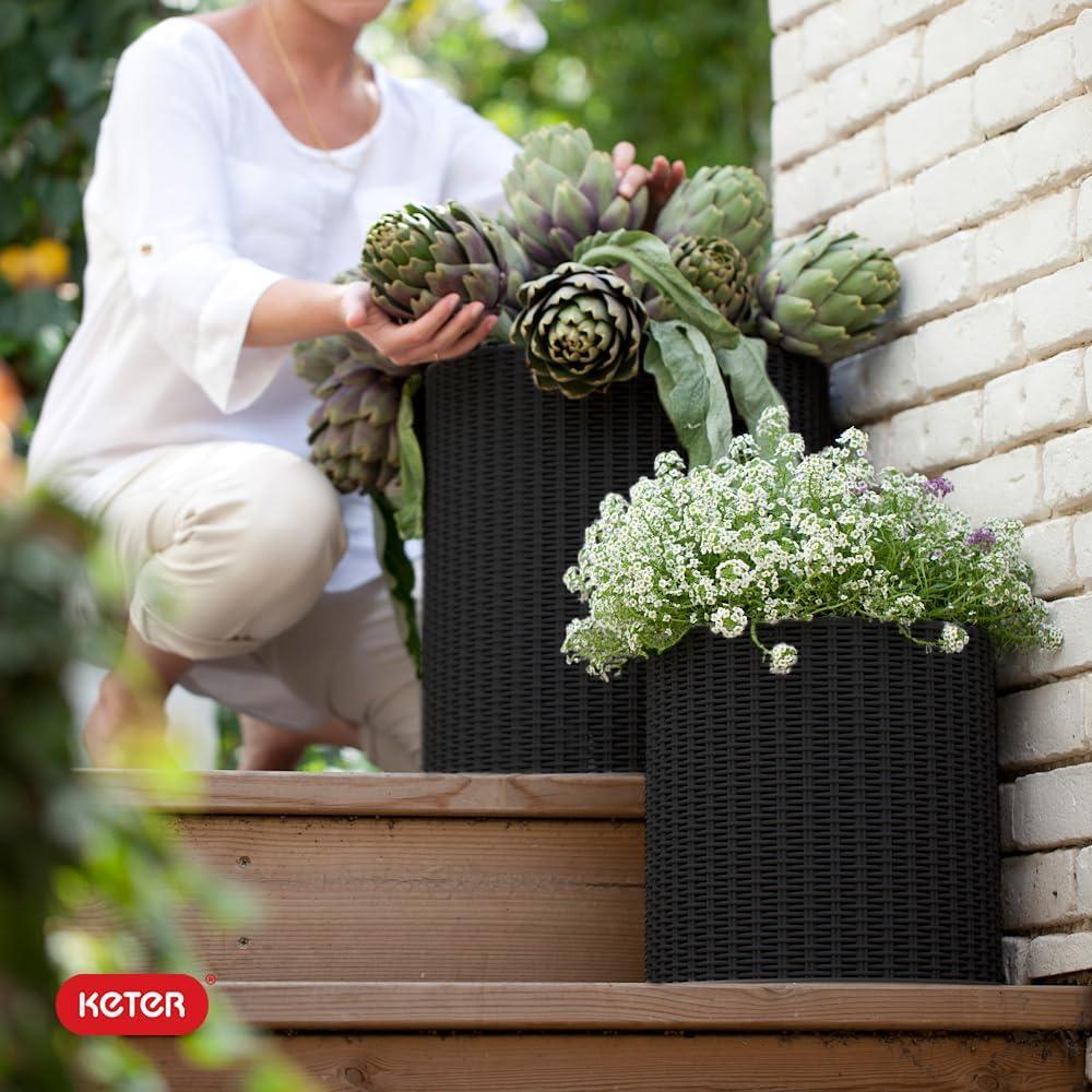 imageKeter Cylinder Set of 3 Rattan Resin Planter for Indoor and Outdoor Plants Ideal Decorative Planter for Porches and Patio Decor TaupeBlack
