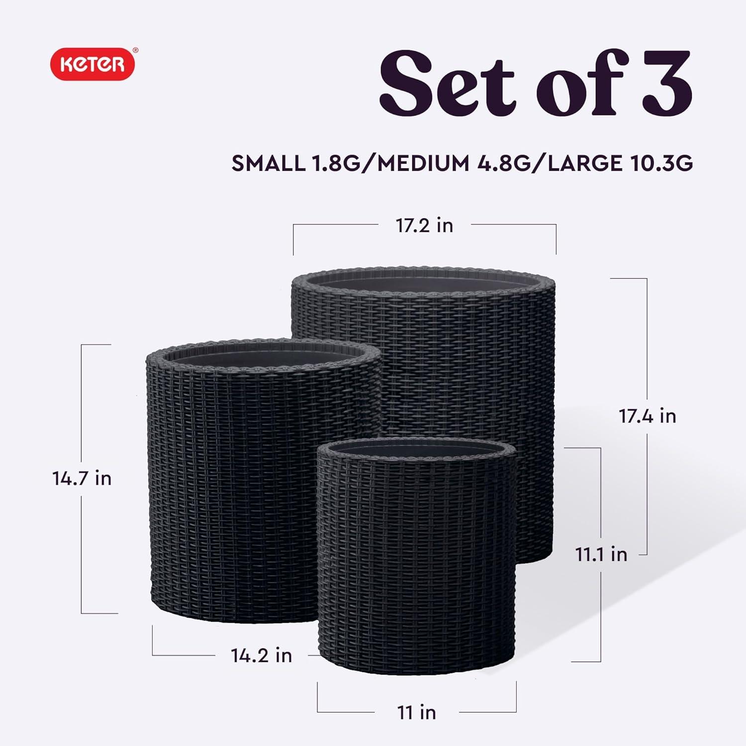 imageKeter Cylinder Set of 3 Rattan Resin Planter for Indoor and Outdoor Plants Ideal Decorative Planter for Porches and Patio Decor TaupeBlack