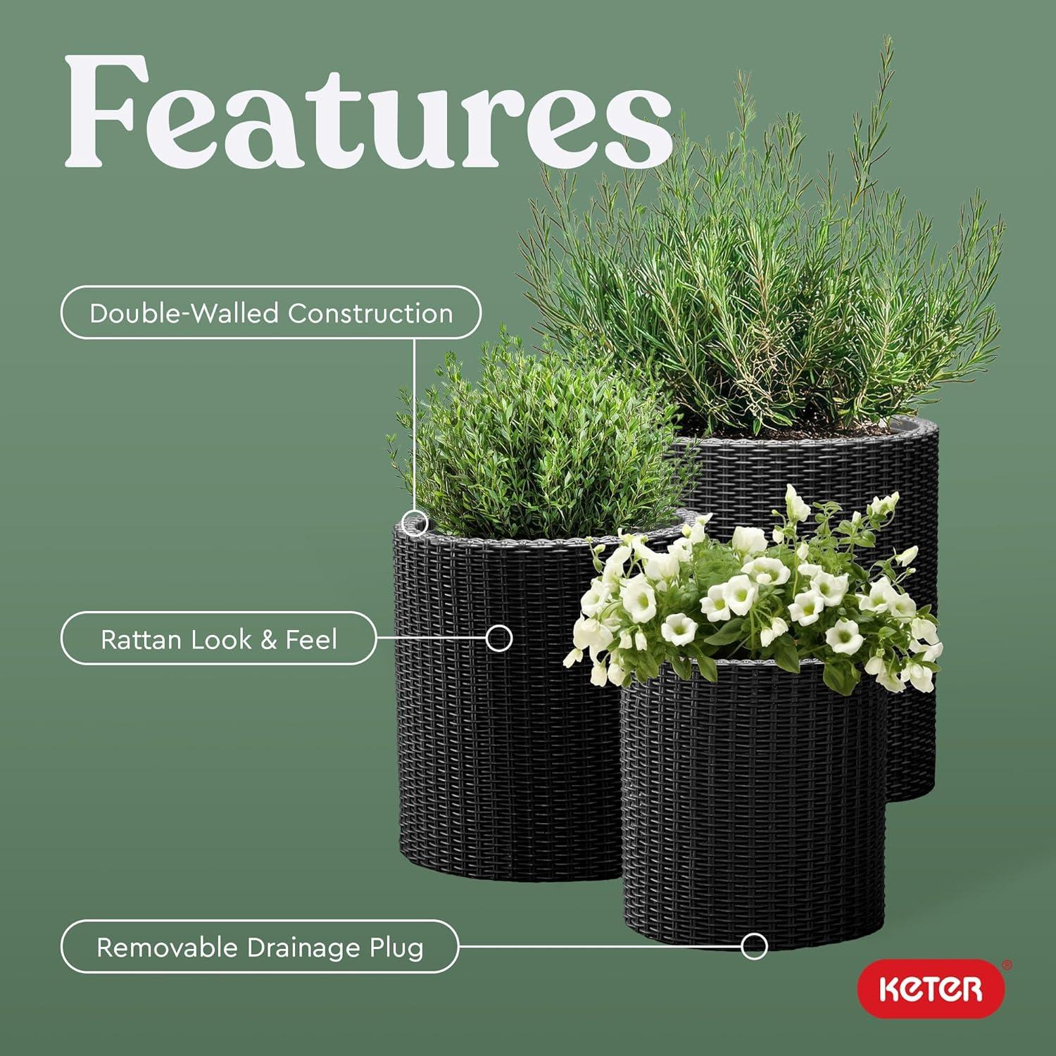 imageKeter Cylinder Set of 3 Rattan Resin Planter for Indoor and Outdoor Plants Ideal Decorative Planter for Porches and Patio Decor TaupeBlack