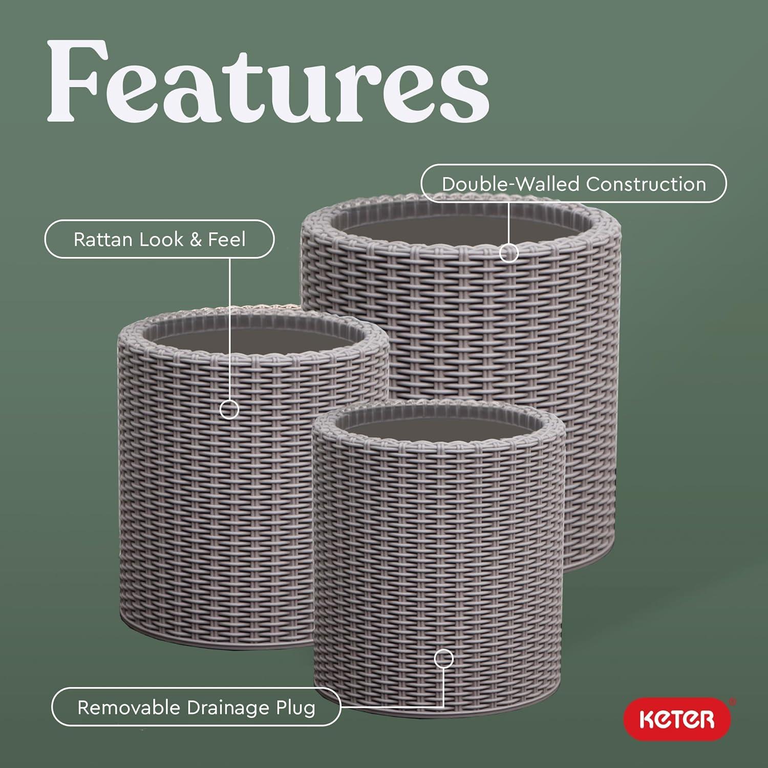 imageKeter Cylinder Set of 3 Rattan Resin Planter for Indoor and Outdoor Plants Ideal Decorative Planter for Porches and Patio Decor TaupeTaupe