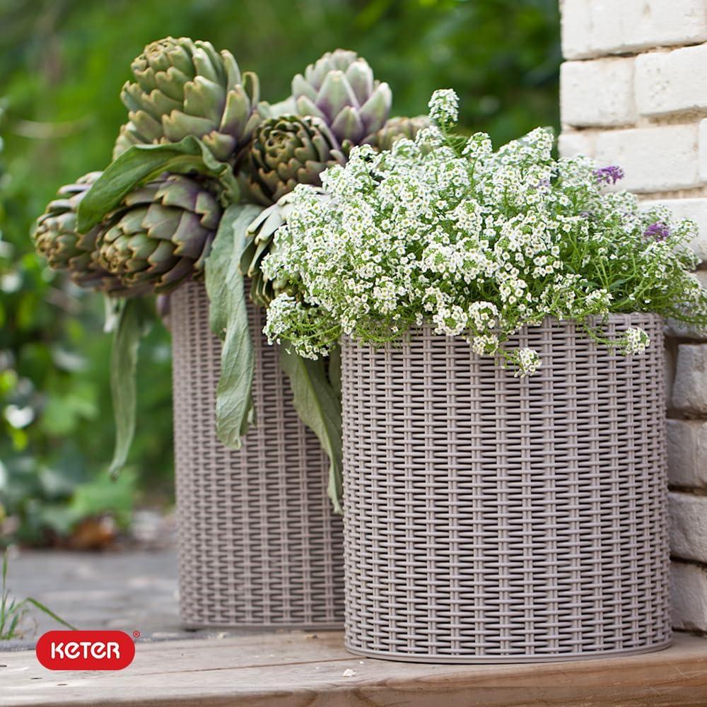 imageKeter Cylinder Set of 3 Rattan Resin Planter for Indoor and Outdoor Plants Ideal Decorative Planter for Porches and Patio Decor TaupeTaupe