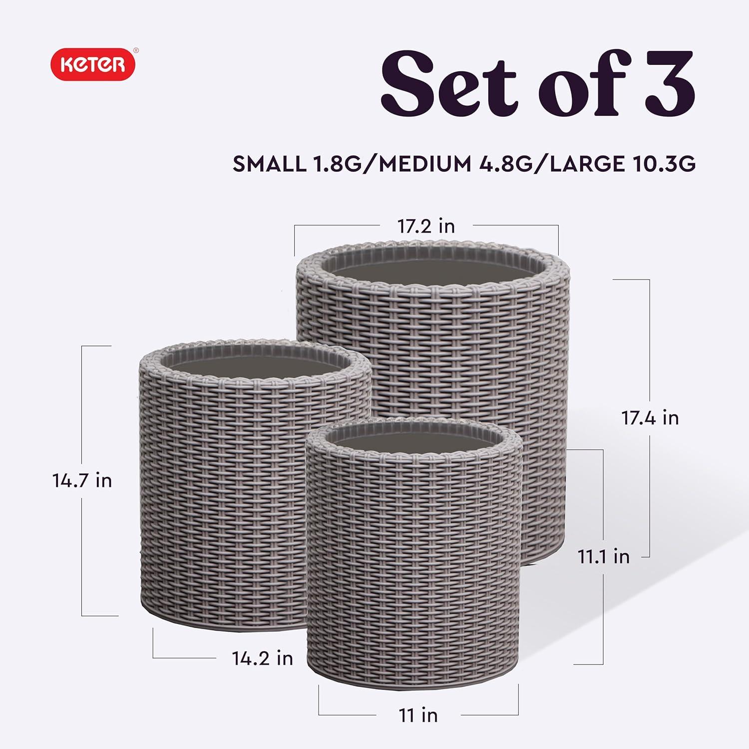 imageKeter Cylinder Set of 3 Rattan Resin Planter for Indoor and Outdoor Plants Ideal Decorative Planter for Porches and Patio Decor TaupeTaupe