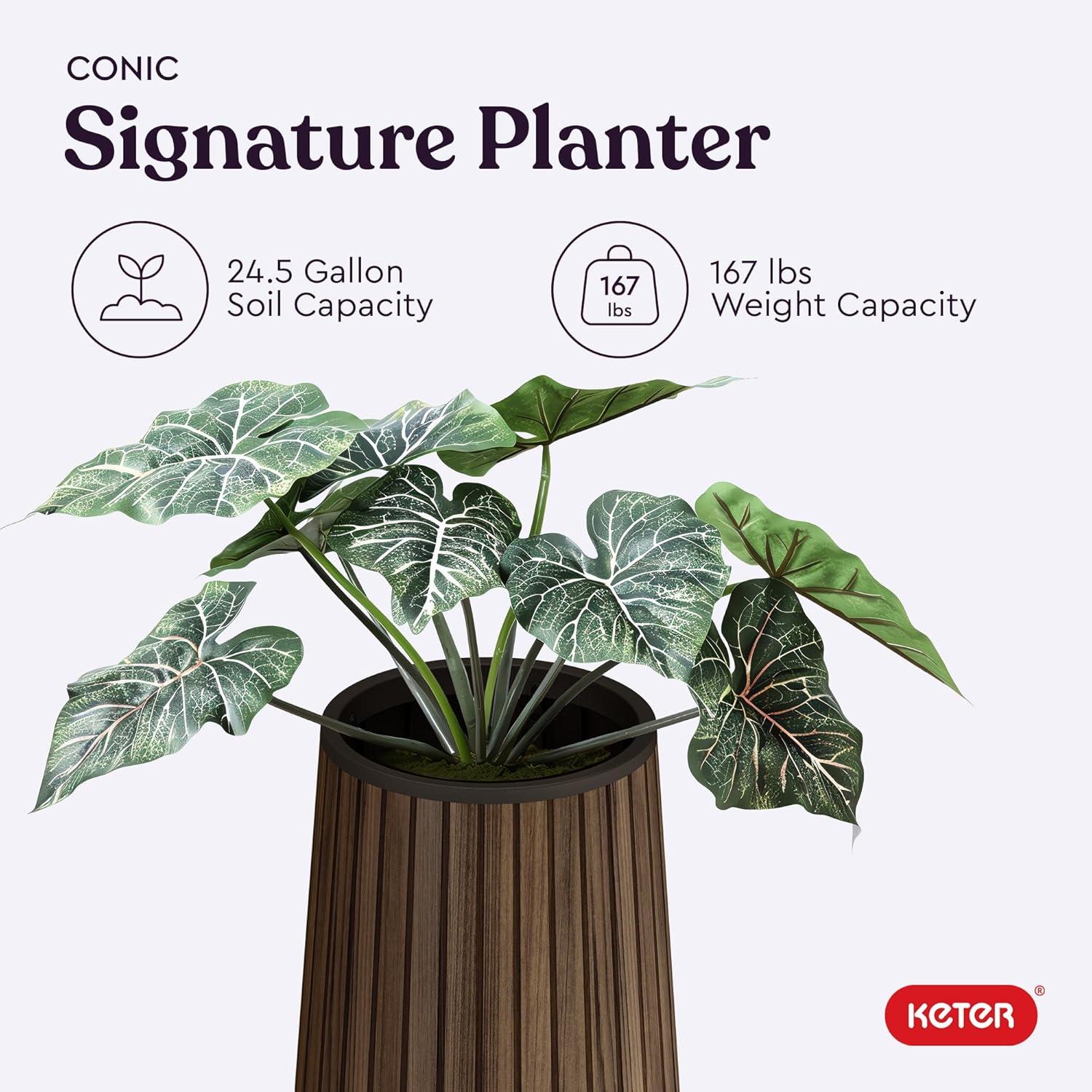 imageKeter Signature Conic 285 Inch Tall Round Large Wood Look Planter for Indoor or Outdoor Flower Pot Ideal for Patio Deck and Front Porch Decor RosewoodConic