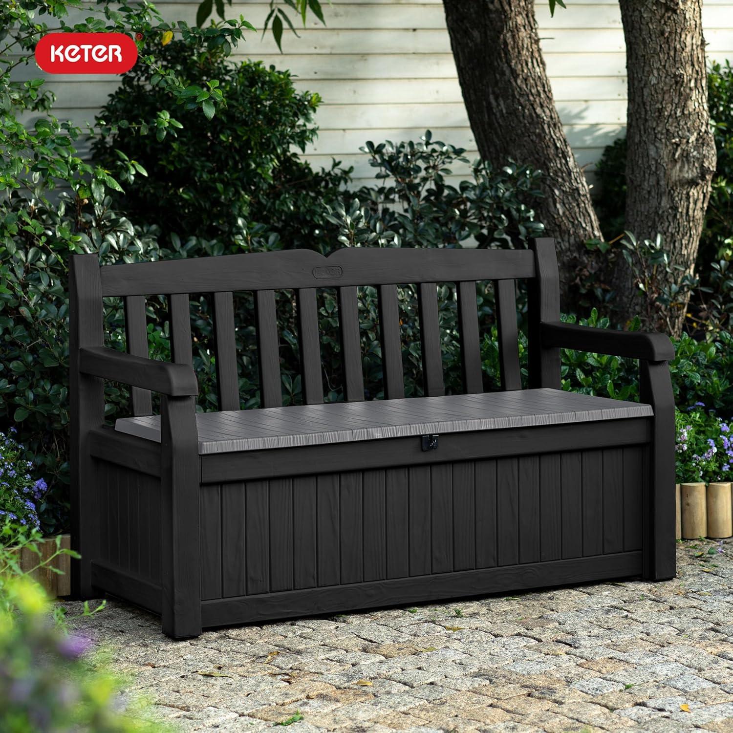 imageKeter Solana 70 Gallon Storage Bench Deck Box for Patio Storage Front Porch Decor and Outdoor Seating  Perfect to Store Garden Tools and Pool Floats GraphiteGraphite