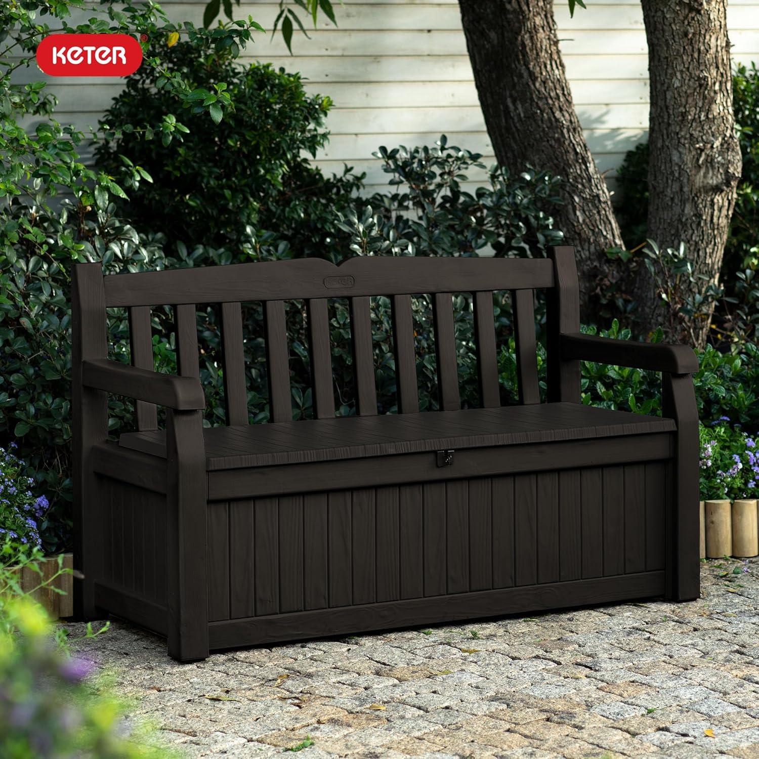 imageKeter Solana 70 Gallon Storage Bench Deck Box for Patio Storage Front Porch Decor and Outdoor Seating  Perfect to Store Garden Tools and Pool Floats GraphiteBrown