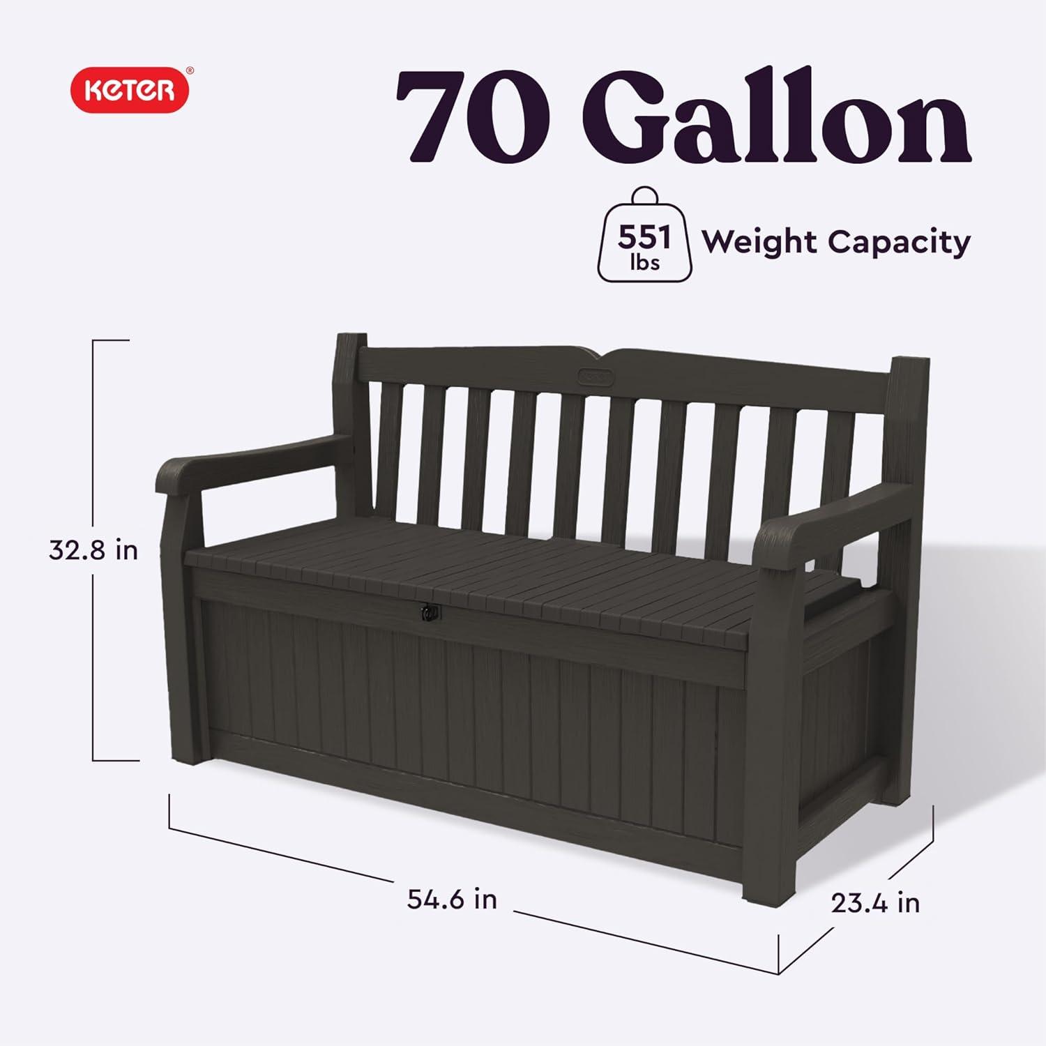 imageKeter Solana 70 Gallon Storage Bench Deck Box for Patio Storage Front Porch Decor and Outdoor Seating  Perfect to Store Garden Tools and Pool Floats GraphiteBrown