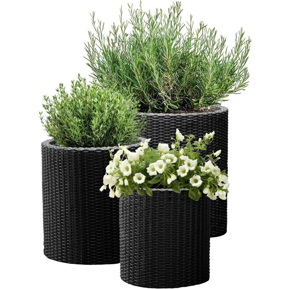 imageKeter Cylinder Set of 3 Rattan Resin Planter for Indoor and Outdoor Plants Ideal Decorative Planter for Porches and Patio Decor TaupeBlack