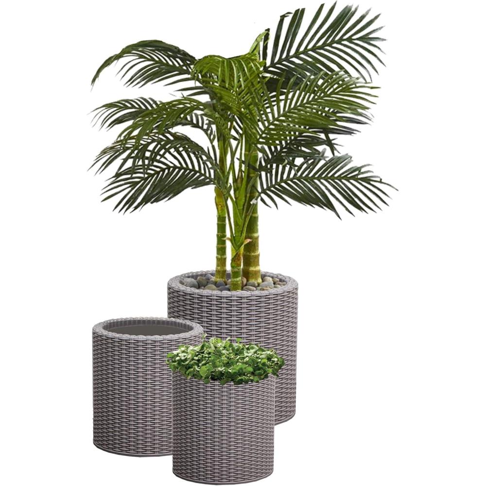 imageKeter Cylinder Set of 3 Rattan Resin Planter for Indoor and Outdoor Plants Ideal Decorative Planter for Porches and Patio Decor TaupeTaupe