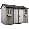 imageKeter Oakland 11 x 75 Ft Spacious Heavy Duty Storage Shed for Organizing Garden Accessories and Outdoor Tools with Double Doors High Ceiling Gray