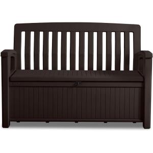 imageKeter 60 Gallon Storage Bench Deck Box for Patio Furniture Front Porch Decor and Outdoor Seating  Perfect to Store Garden Tools