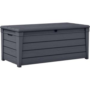 imageKeter Brightwood 120 Gallon Resin Large Deck Box for Patio Garden Outdoor Cushion Storage Pool Accessories Tools Grey