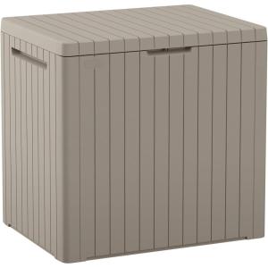 imageKeter City 30 Gallon Resin Outdoor Storage Box and Patio Furniture Side Table for Pool and Garden Accessories BrownBeige