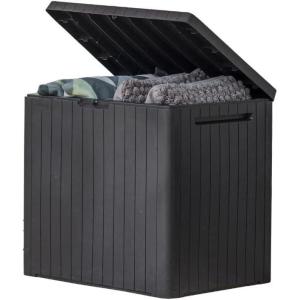 imageKeter City 30 Gallon Resin Outdoor Storage Box and Patio Furniture Side Table for Pool and Garden Accessories BrownDark Grey