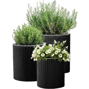 imageKeter Cylinder Set of 3 Rattan Resin Planter for Indoor and Outdoor Plants Ideal Decorative Planter for Porches and Patio Decor TaupeBlack
