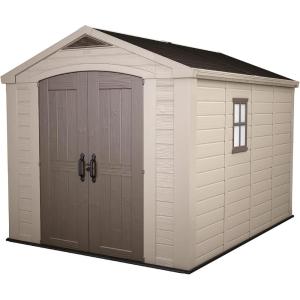 imageKeter Factor 8 x 11 Foot All Weather Resin Outdoor Storage Shed with 2 Shelves Included and Builtin Ventilation for Backyard Organization Taupe8x11