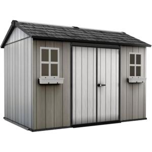 imageKeter Oakland 11 x 75 Ft Spacious Heavy Duty Storage Shed for Organizing Garden Accessories and Outdoor Tools with Double Doors High Ceiling Gray