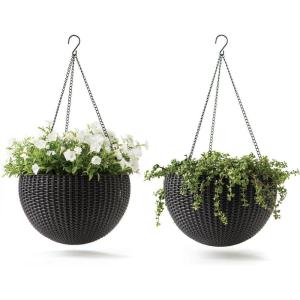 imageKeter Resin Rattan Set of 2 Round Hanging Planter Baskets for Indoor and Outdoor PlantsPerfect for Porches and Patio Decor CappuccinoGraphite