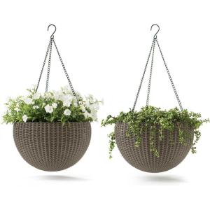 imageKeter Resin Rattan Set of 2 Round Hanging Planter Baskets for Indoor and Outdoor PlantsPerfect for Porches and Patio Decor CappuccinoTaupe