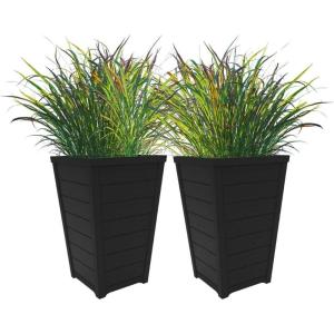 imageKeter Set of 2 Resin Modern Outdoor 22 Inch Tall Large Flower Pots Tapered Wood Look Planters for Outdoor Plants and Front Porch Decor Graphite