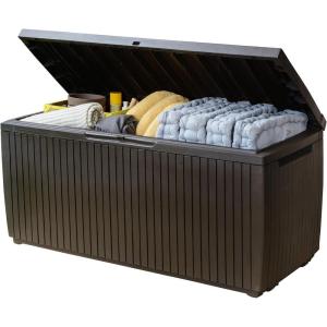 imageKeter Springwood 80 Gallon Resin Outdoor Storage Box for Patio Furniture Cushions Pool Toys and Garden Tools with Handles BrownBOX