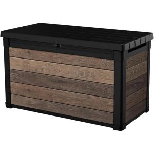 imageKeter Walnut 100 Gallon Resin Deck BoxOrganization and Storage for Patio Furniture Outdoor Cushions Throw Pillows Garden Tools and Pool ToysWalnut