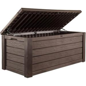 imageKeter Westwood 150 Gallon Resin Large Outdoor Storage Box for Patio Furniture Outdoor Cushions Garden Tools and Pool Floats Dark GreyBrown