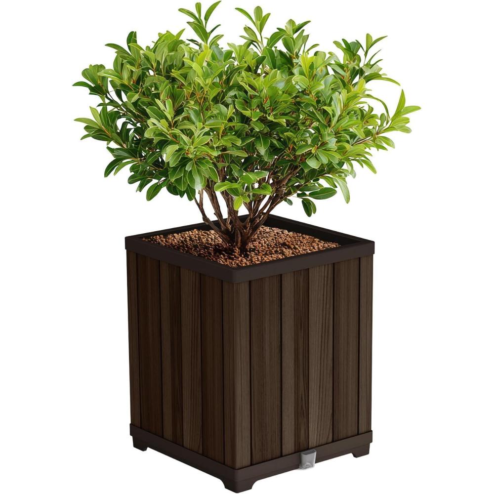 imageKeter Signature Conic 285 Inch Tall Round Large Wood Look Planter for Indoor or Outdoor Flower Pot Ideal for Patio Deck and Front Porch Decor RosewoodSquare