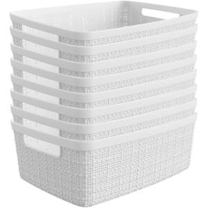 imageCurver Set of 6 Jute Medium Decorative Plastic Organization and Storage Baskets Perfect Bins for Home Office Closet Shelves Kitchen Pantry and All Bedroom Essentials WhiteWhite