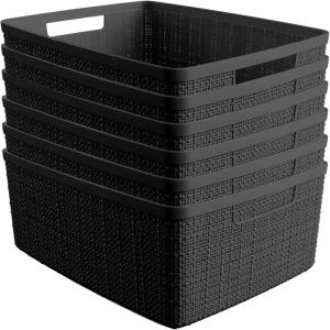 imageCurver Set of 6 Jute Medium Decorative Plastic Organization and Storage Baskets Perfect Bins for Home Office Closet Shelves Kitchen Pantry and All Bedroom Essentials WhiteBlack