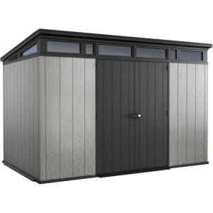 imageKeter Artisan 11x7 Modern Resin Outdoor Storage Shed KitPerfect to Store Patio Furniture Garden Tools Bike Accessories Beach Chairs and Lawn Mower Grey ampamp Black