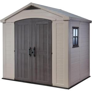 imageKeter Factor 8 x 11 Foot All Weather Resin Outdoor Storage Shed with 2 Shelves Included and Builtin Ventilation for Backyard Organization Taupe8x6 ft