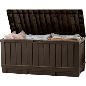 imageKeter Kentwood 92 Gallon Resin Deck BoxOrganization and Storage for Patio Furniture Outdoor Cushions Throw Pillows Garden Tools and Pool Floats Dark GreyBrown