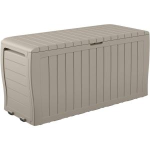 imageKeter Marvel Plus 71 Gallon Resin Deck BoxOrganization and Storage for Patio Furniture Outdoor Cushions Throw Pillows Garden Tools and Pool Toys Dark GreyBeige