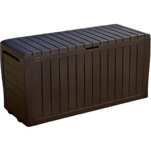 imageKeter Marvel Plus 71 Gallon Resin Deck BoxOrganization and Storage for Patio Furniture Outdoor Cushions Throw Pillows Garden Tools and Pool Toys Dark GreyBrown