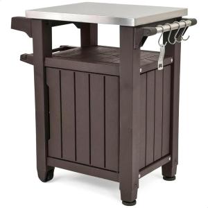 imageKeter Outdoor Grill Prep Table ampamp Serving Cart Stainless Steel Top Unity 40 Gal Brown  Portable Bar Table and Cooking Accessory for Pool Patio Lawn and Backyard