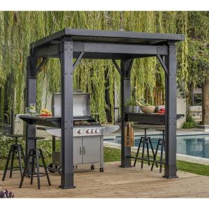 imageKeter Signature 8 x 65 FT Grill Gazebo Hardtop Durable Resin Outdoor BBQ Gazebo with Double Shelves Permanent Grill Pavilion for Patio Lawn Deck Backyard and Garden