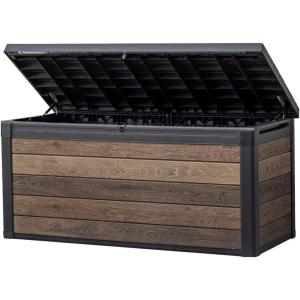 imageKeter Signature Collection 150 Gallon Resin Deck Box Organization and Storage Box for Patio Outdoor Cushions Throw Pillows Garden Tools and Pool Supplies AshwoodWalnut