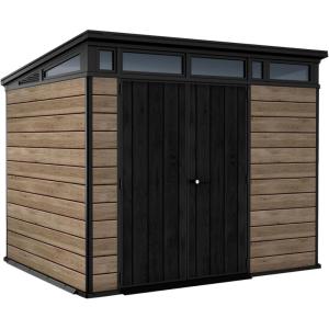 imageKeter Signature Collection 9x7 Ft AllWeather Storage Shed with Skylight Window Builtin Ventilation Customizable Walls ampamp Lockable Double Doors Ashwood
