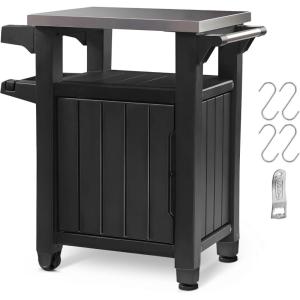 imageKeter Unity Small 40 Gallon Grill Prep Table and Storage Cart Grey  BBQ Station with Wheels and Stainless Steel Top Portable Serving Stand for Patio Deck and Backyard