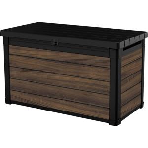 imageKeter Walnut 100 Gallon Resin Deck BoxOrganization and Storage for Patio Furniture Outdoor Cushions Throw Pillows Garden Tools and Pool ToysRosewood